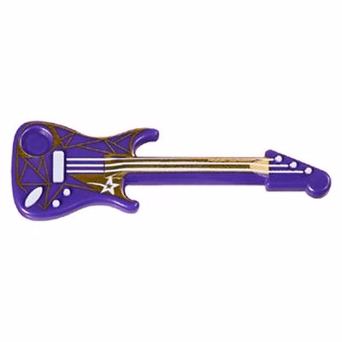 Minifigure, Utensil Musical Instrument, Guitar Electric with White Strings, Star, Bridge, and Output Jack and Gold Geometric Pattern Minifigure, Utensil Musical Instrument, Guitar Electric with White Strings, Star, Bridge, and Output Jack and Gold Geometric Pattern