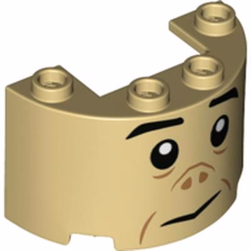 Cylinder Half 2 x 4 x 2 with 1 x 2 Cutout with Black Eyebrows, Eyes, and Mouth and Dark Tan Nose and Cheek Lines Pattern (Grawp Face)