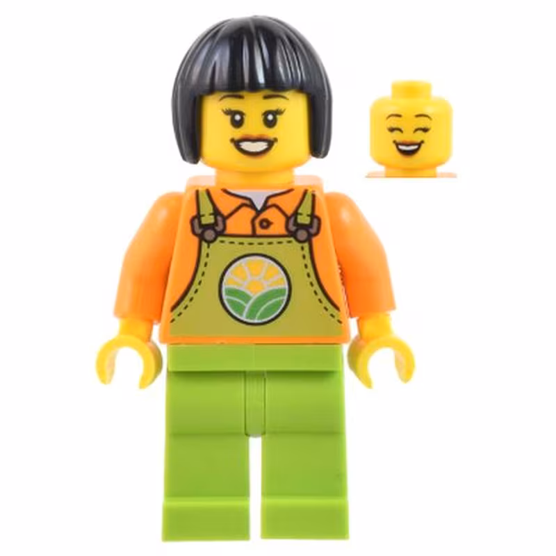 Farmer - Female, Lime Overalls over Orange Shirt, Lime Legs, Black Short Hair