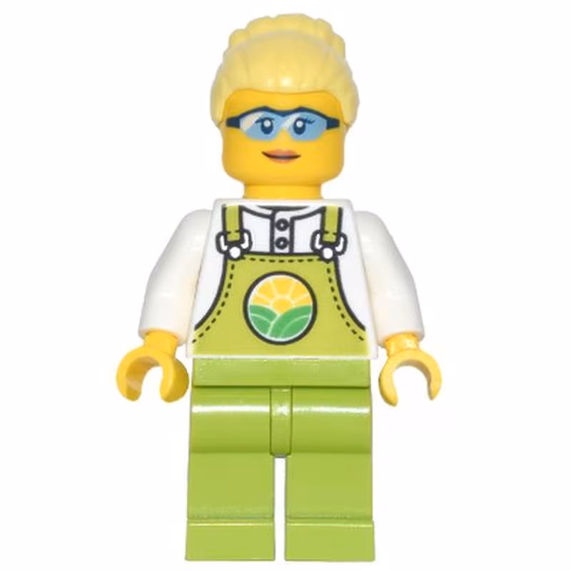 Farmer Peach - Lime Overalls over White Shirt, Lime Legs, Bright Light Yellow High Bun, Glasses