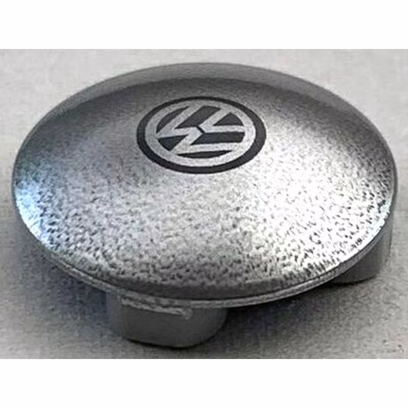Plate, Round 2 x 2 with Rounded Bottom with Black VW Logo on Silver Background Pattern Plate, Round 2 x 2 with Rounded Bottom with Black VW Logo on Silver Background Pattern