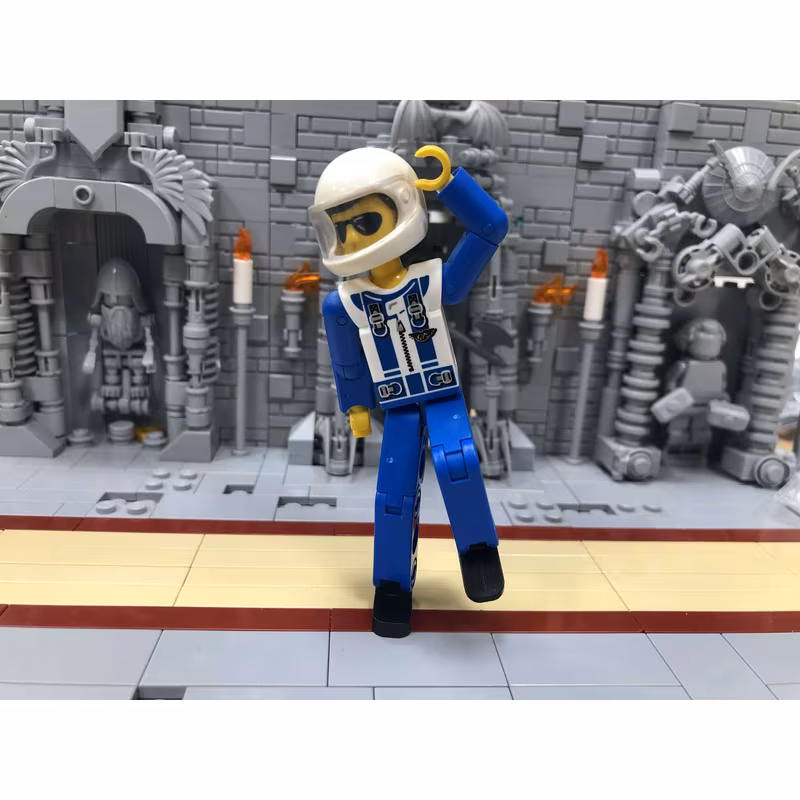 Technic Figure Blue Legs, White Top with Zipper and Blue Shoulder Harness Pattern, Blue Arms, White Helmet, Trans-Clear Visor