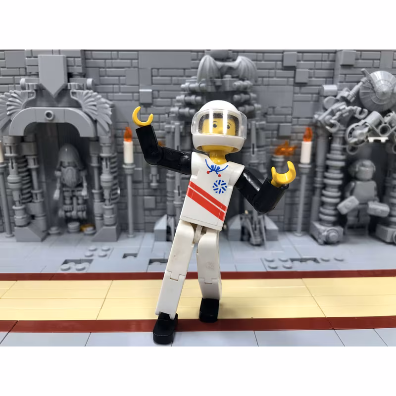 Technic Figure White Legs, White Top with Red Stripes Pattern, Black Arms, White Helmet (Skier)