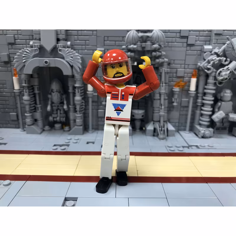Technic Figure White Legs, White Top with Red Vest, Red Arms, Black Hair, Red Helmet