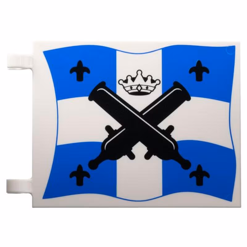 Flag 6 x 4 with Black Crossed Large Cannons and Fleur-de-lis, Crown with Diamonds over Blue and White Cross Pattern on Both Sides (Reissue) Flag 6 x 4 with Black Crossed Large Cannons and Fleur-de-lis, Crown with Diamonds over Blue and White Cross Pattern on Both Sides (Reissue)