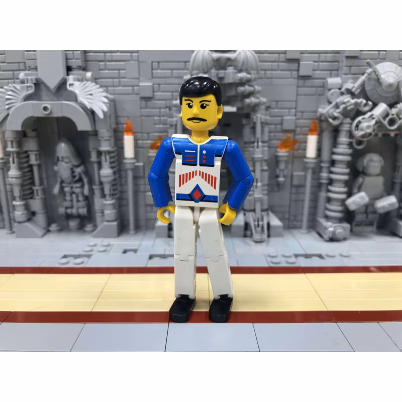Technic Figure White Legs, White Top with Red Arrow-Type Stripes Pattern, Blue Arms