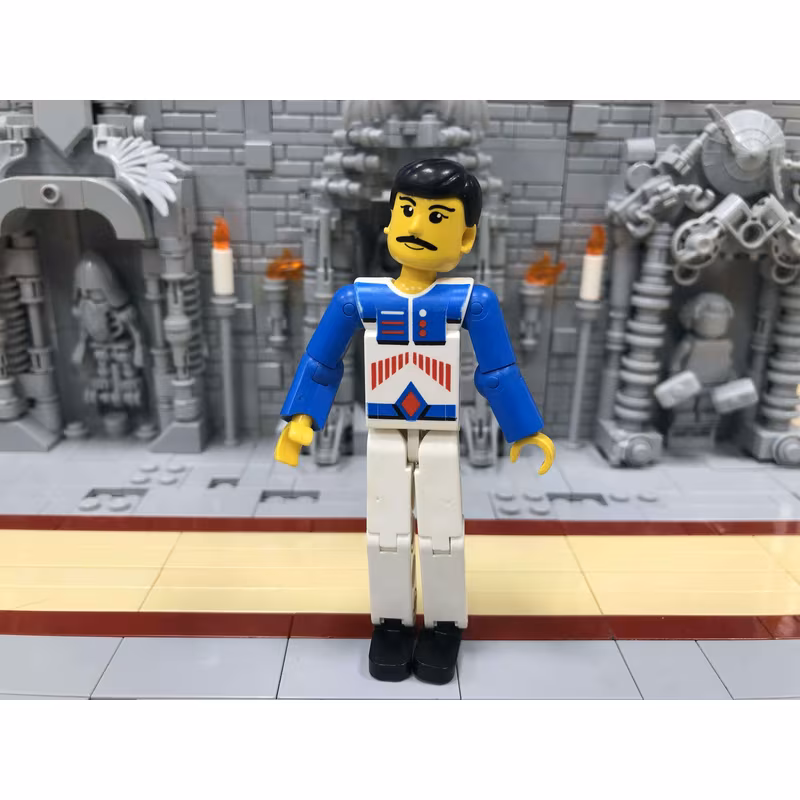 Technic Figure White Legs, White Top with Red Arrow-Type Stripes Pattern, Blue Arms