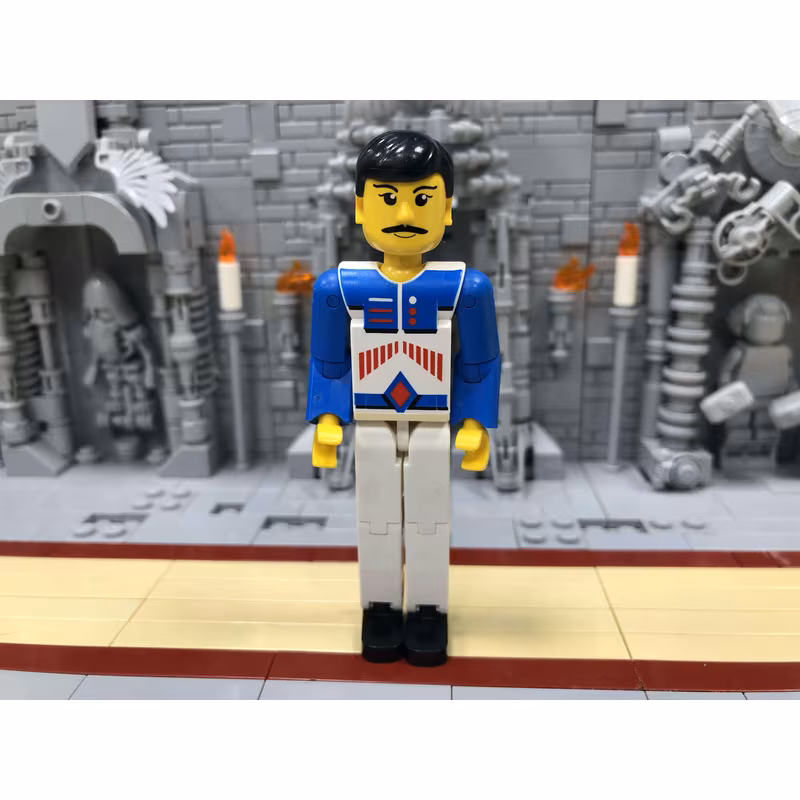Technic Figure White Legs, White Top with Red Arrow-Type Stripes Pattern, Blue Arms