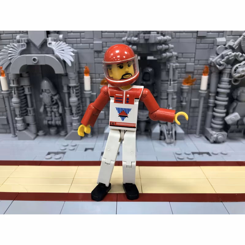 Technic Figure White Legs, White Top with Red Vest, Red Arms, Black Hair, Red Helmet