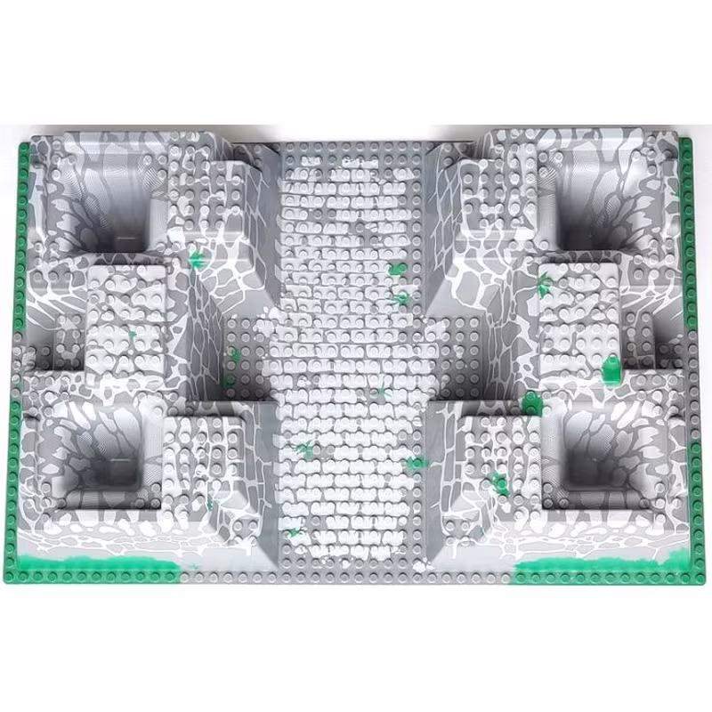 Baseplate, Raised 32 x 48 x 6 with 4 Corner Pits with Dark Bluish Gray and Light Bluish Gray Rock Pattern