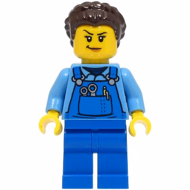 Stuntz Crew - Female, Blue Overalls over Medium Blue Shirt, Blue Legs, Dark Brown Hair, Back Print