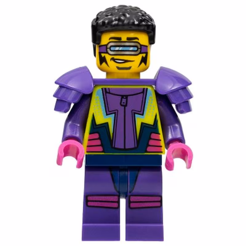 Stuntz Driver - Male, Dark Purple and Neon Yellow Jumpsuit, Dark Purple Shoulder Pads, Black Coiled Hair