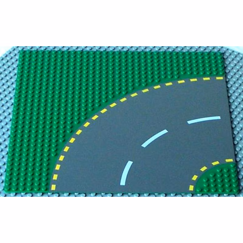 Baseplate, Road 32 x 32 6-Stud Curve with Dark Gray Road with Yellow Dashed Lines Pattern