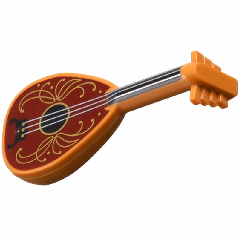 Minifigure, Utensil Musical Instrument, Lute with Black Neck, Silver Strings, and Dark Red Body with Gold Filigree Trim Pattern Minifigure, Utensil Musical Instrument, Lute with Black Neck, Silver Strings, and Dark Red Body with Gold Filigree Trim Pattern