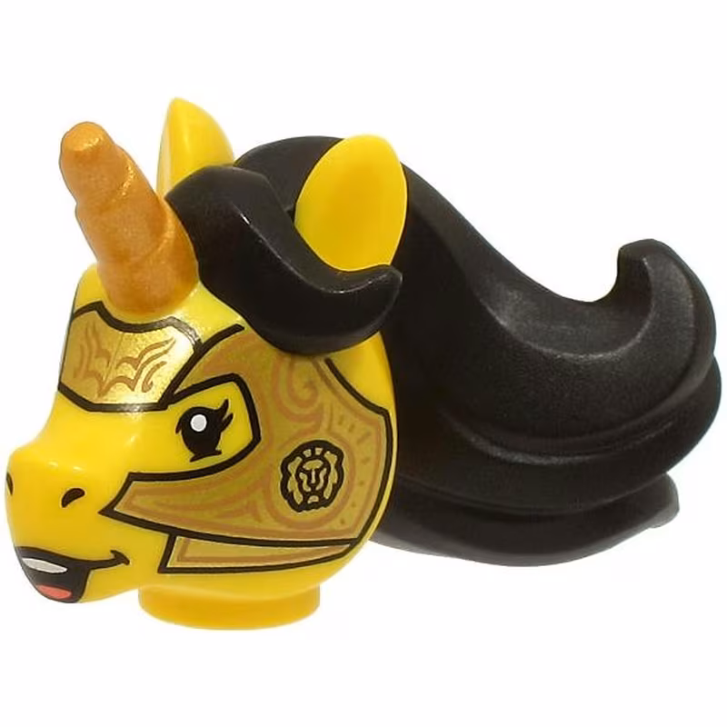 Minifigure, Head, Modified Unicorn with Molded Black Mane and Printed Gold Horn and Armor with Copper Lines Pattern (BAM) Minifigure, Head, Modified Unicorn with Molded Black Mane and Printed Gold Horn and Armor with Copper Lines Pattern (BAM)