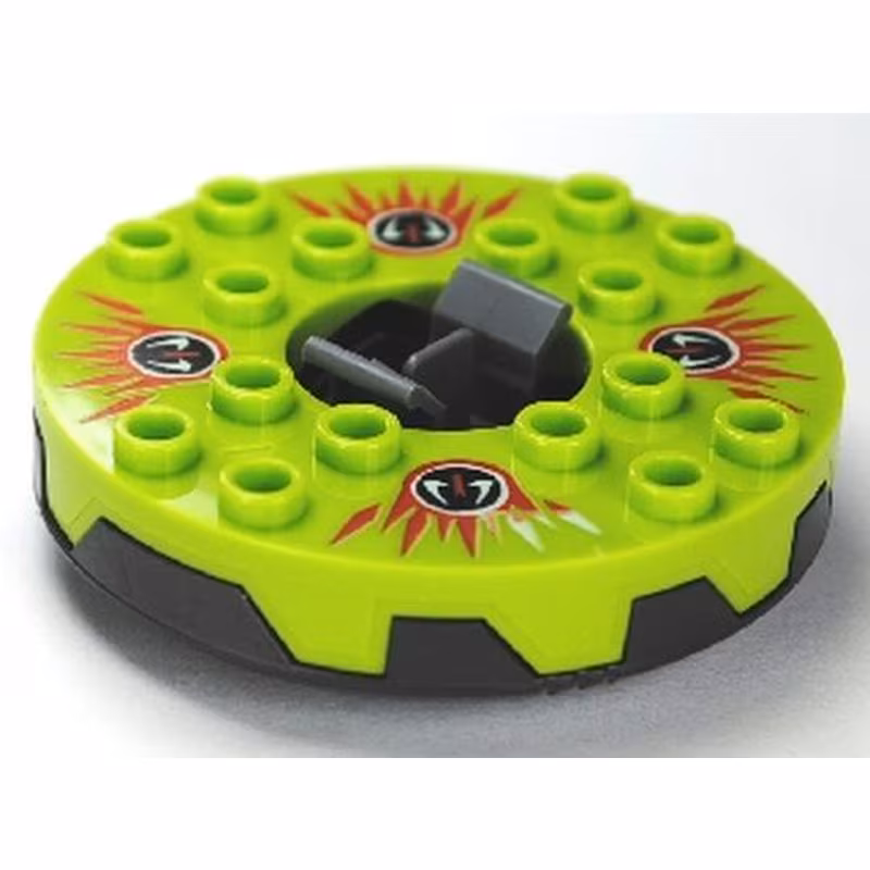Turntable 6 x 6 x 1 1/3 Round Base Serrated with Lime Top and Red, White and Black Fangpyre Pattern (Ninjago Spinner)