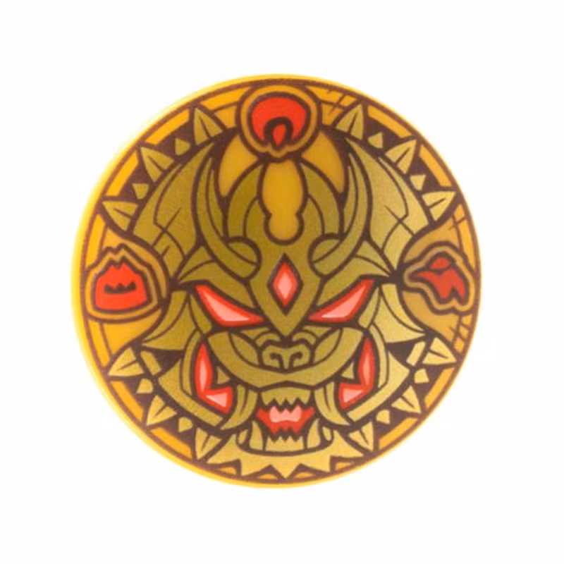 Minifigure, Shield Circular Convex Face with Gold and Dark Brown Dragon Face, Red and Coral Eyes, Mouth, and Symbols Pattern Minifigure, Shield Circular Convex Face with Gold and Dark Brown Dragon Face, Red and Coral Eyes, Mouth, and Symbols Pattern