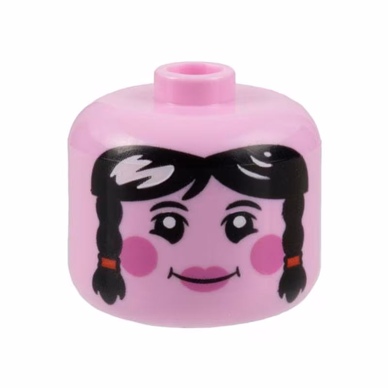 Minifigure, Head, Modified Giant Female Black Eyebrows and Hair with Braids, Dark Pink Circles on Cheeks and Lips, Grin Pattern - Vented Stud Minifigure, Head, Modified Giant Female Black Eyebrows and Hair with Braids, Dark Pink Circles on Cheeks and Lips, Grin Pattern - Vented Stud