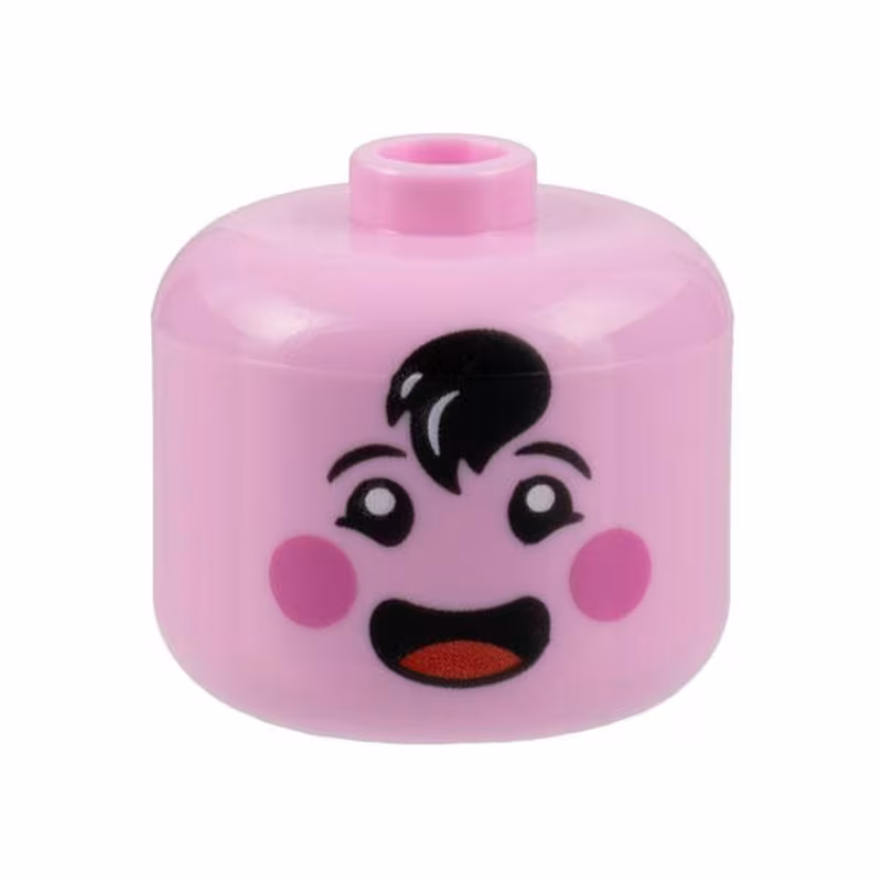 Minifigure, Head, Modified Giant Black Eyebrows and Hair Tuft, Dark Pink Circles on Cheeks, Open Mouth Smile with Red Tongue Pattern - Vented Stud Minifigure, Head, Modified Giant Black Eyebrows and Hair Tuft, Dark Pink Circles on Cheeks, Open Mouth Smile with Red Tongue Pattern - Vented Stud