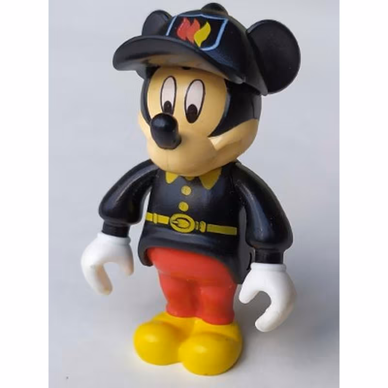 Mickey Mouse Figure with Red Pants, Black Fireman Uniform, Black Cap