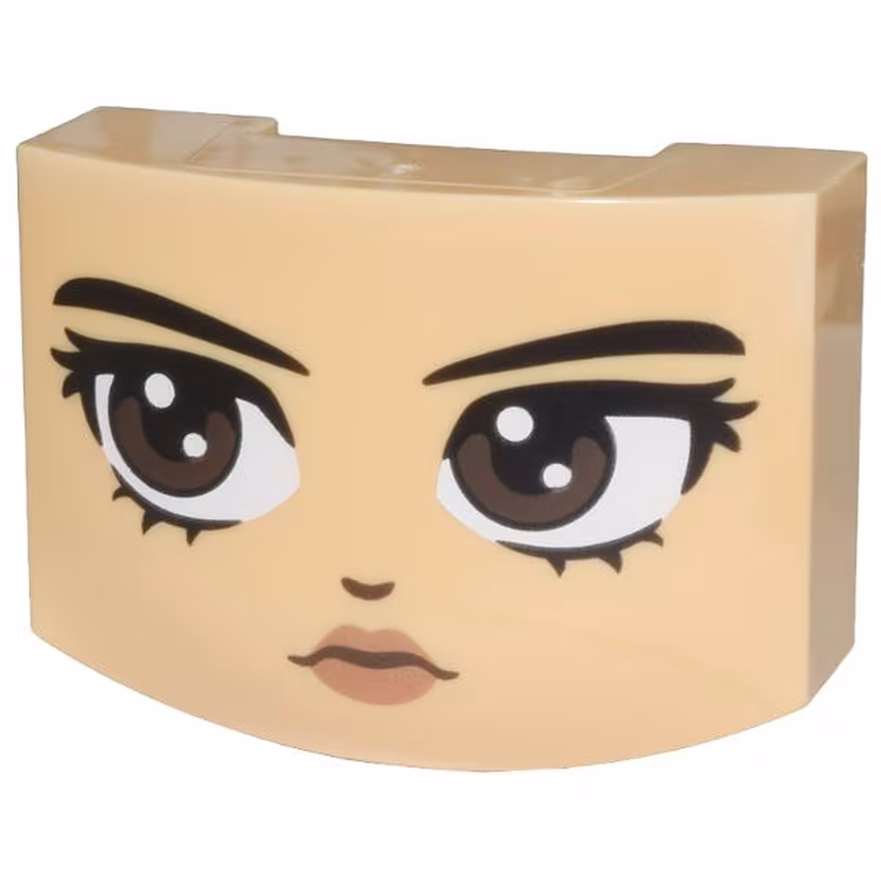Wedge 3 x 4 x 1 1/3 Triple Curved No Studs with Black Eyebrows, Dark Brown Eyes Looking Right, Nose and Copper Lips Pattern (Wednesday Addams Face)