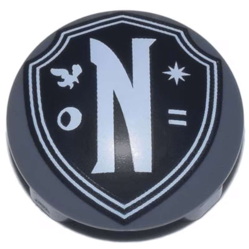 Plate, Round 2 x 2 with Rounded Bottom (Boat Stud) with Black Nevermore Academy Shield Emblem with White Border, Letter N, Raven, Moon, Star, and Equal Sign Pattern Plate, Round 2 x 2 with Rounded Bottom (Boat Stud) with Black Nevermore Academy Shield Emblem with White Border, Letter N, Raven, Moon, Star, and Equal Sign Pattern