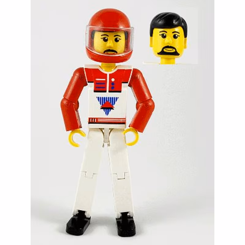 Technic Figure White Legs, White Top with Red Vest, Red Arms, Black Hair, Red Helmet