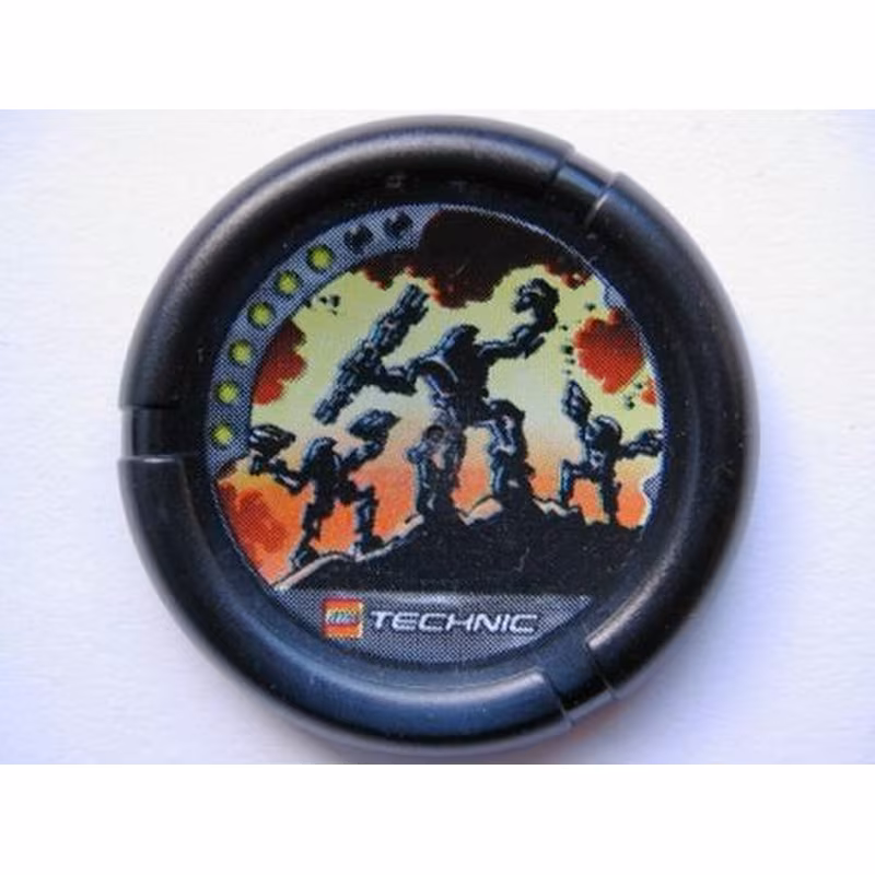 Throwing Disk with Throwbot Blaster 6 Pips, LEGO Technic Logo, and 3 Robots Standing on Rock Pattern Throwing Disk with Throwbot Blaster 6 Pips, LEGO Technic Logo, and 3 Robots Standing on Rock Pattern