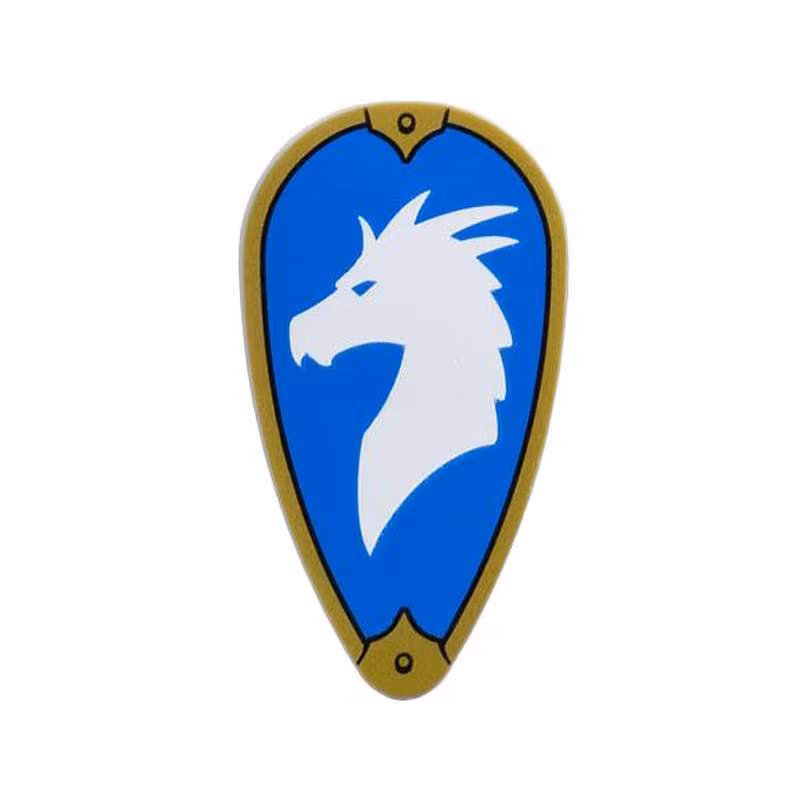 Minifigure, Shield Ovoid with Gold Border and White Dragon Head on Blue Background (Symbol of Bahamut) Pattern Minifigure, Shield Ovoid with Gold Border and White Dragon Head on Blue Background (Symbol of Bahamut) Pattern