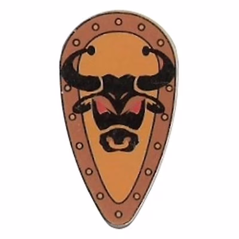 Minifigure, Shield Ovoid with Bull Head Black on Yellow Pattern (Printed) Minifigure, Shield Ovoid with Bull Head Black on Yellow Pattern (Printed)