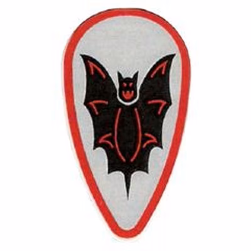 Minifigure, Shield Ovoid with Black and Red Bat on Silver Background Pattern Minifigure, Shield Ovoid with Black and Red Bat on Silver Background Pattern