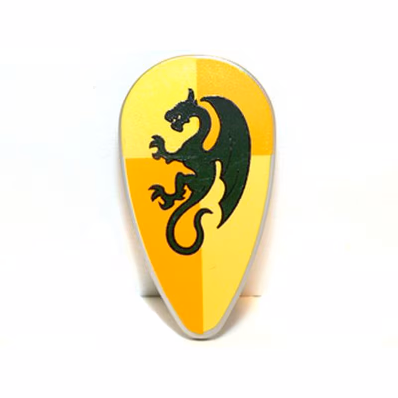 Minifigure, Shield Ovoid with Dark Green Dragon on Bright Light Orange and Bright Light Yellow Quarters Background Pattern Minifigure, Shield Ovoid with Dark Green Dragon on Bright Light Orange and Bright Light Yellow Quarters Background Pattern