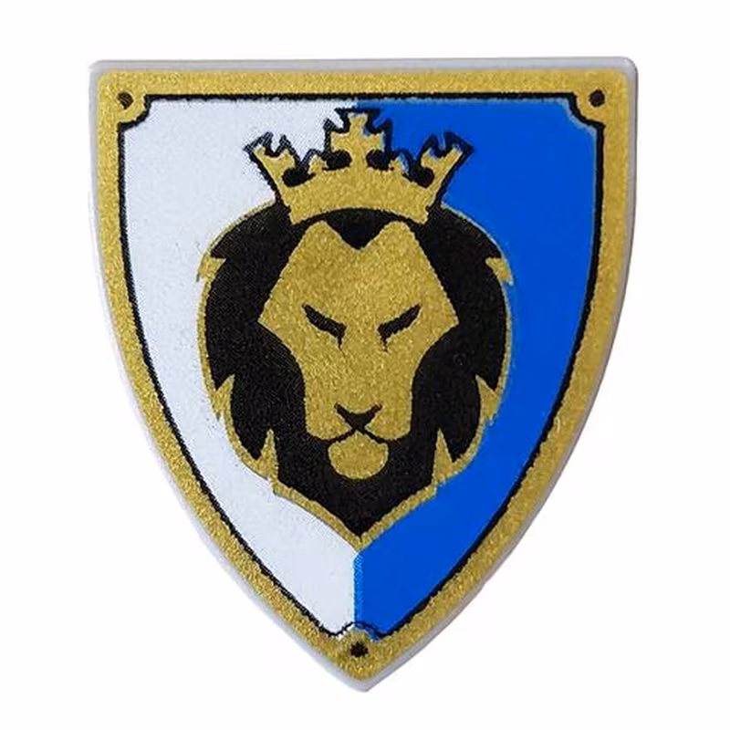 Minifigure, Shield Triangular with Black and Gold Lion Head with Crown on Blue and White Background Pattern Minifigure, Shield Triangular with Black and Gold Lion Head with Crown on Blue and White Background Pattern
