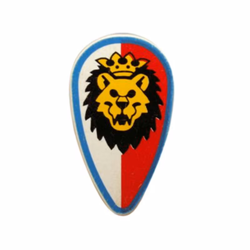 Minifigure, Shield Ovoid with Lion Head, Red and White Background, Blue Border Pattern Minifigure, Shield Ovoid with Lion Head, Red and White Background, Blue Border Pattern