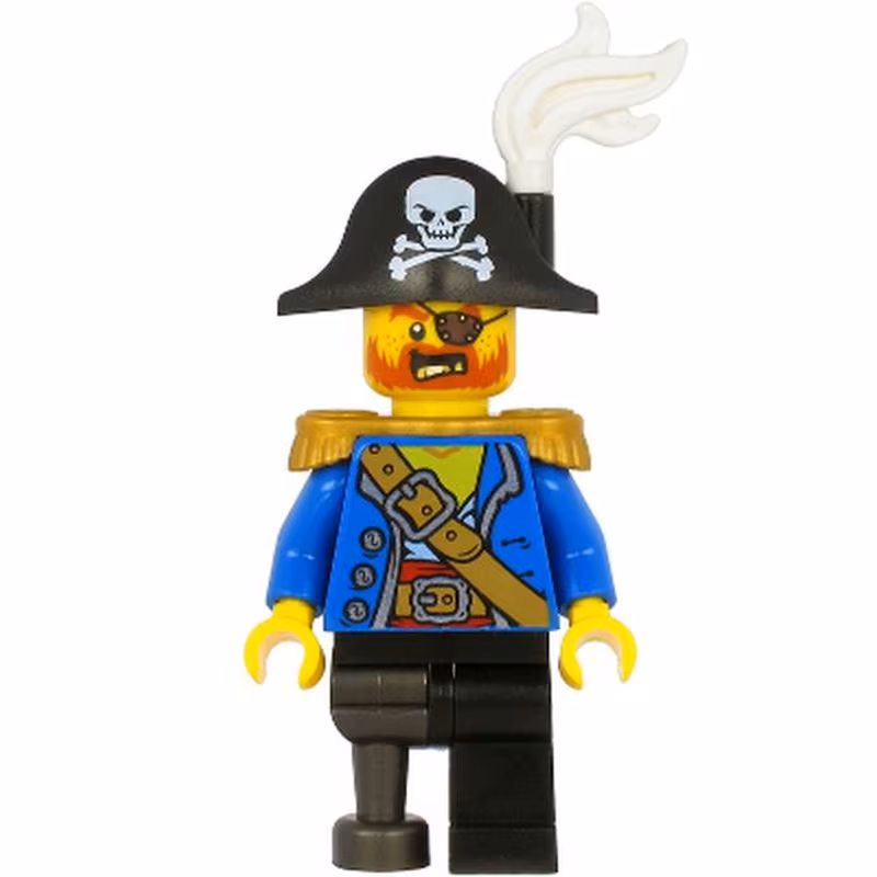 Pirate Captain - Bicorne Hat with Skull and White Plume, Pearl Gold Epaulettes, Blue Open Coat, Black Leg and Pearl Dark Gray Peg Leg