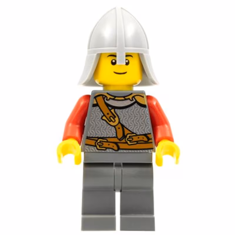 Kingdoms - Lion Knight Scale Mail with Chest Strap and Belt, Helmet with Neck Protector, Black Eyebrows, Thin Grin