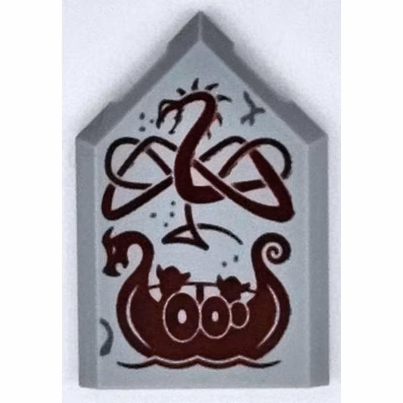 Tile, Modified 2 x 3 Pentagonal with Dark Red Dragon and Viking Ship Pattern Tile, Modified 2 x 3 Pentagonal with Dark Red Dragon and Viking Ship Pattern