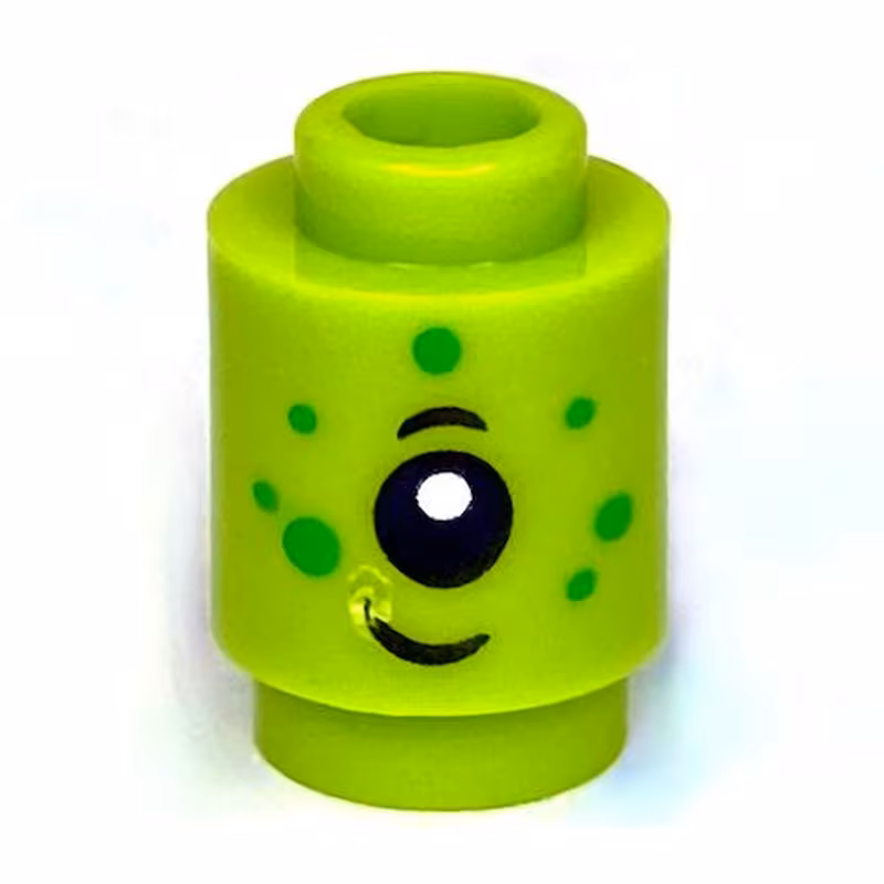 Brick, Round 1 x 1 with Alien Face with Black Eyebrow, Eye, Grin, and Bright Green Spots Pattern Brick, Round 1 x 1 with Alien Face with Black Eyebrow, Eye, Grin, and Bright Green Spots Pattern
