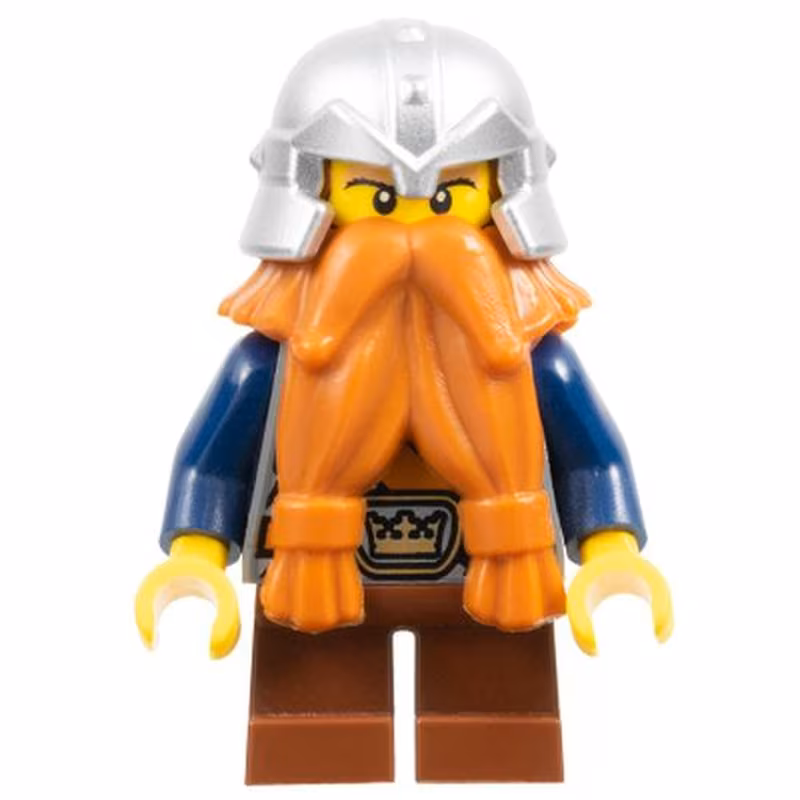 Fantasy Era - Dwarf, Dark Orange Beard, Metallic Silver Helmet with Studded Bands, Dark Blue Arms, Pale Brown Beard