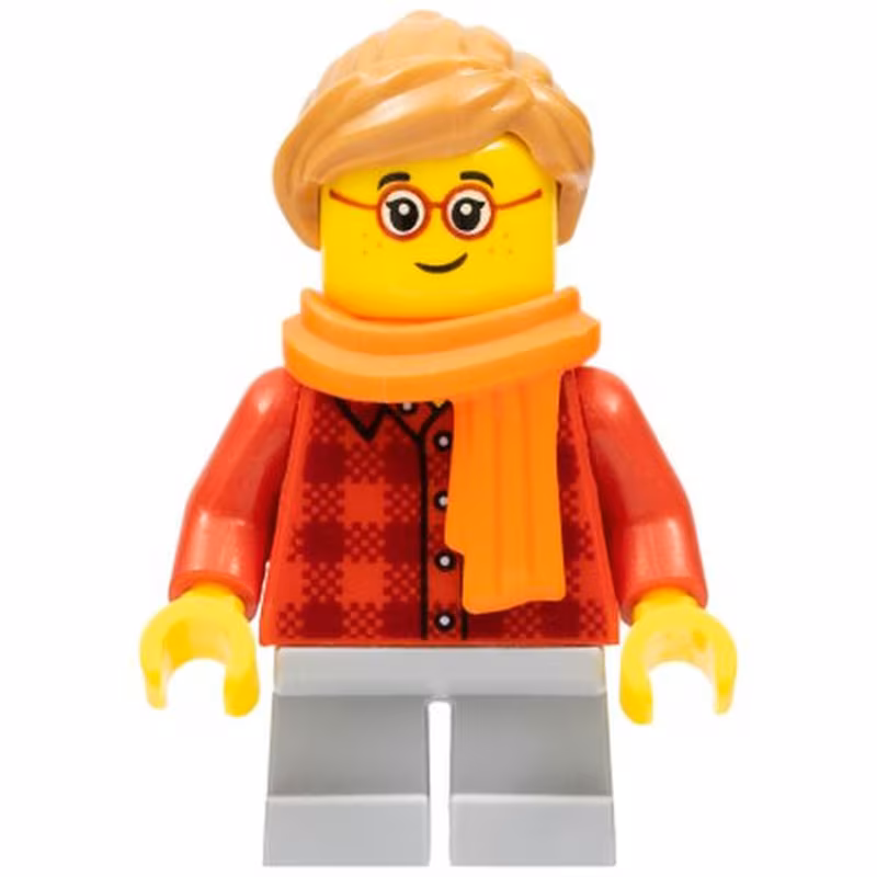 Child - Girl, Red Plaid Flannel Shirt, Light Bluish Gray Short Legs, Medium Nougat Ponytail Hair, Freckles, Glasses, Orange Scarf Child - Girl, Red Plaid Flannel Shirt, Light Bluish Gray Short Legs, Medium Nougat Ponytail Hair, Freckles, Glasses, Orange Scarf