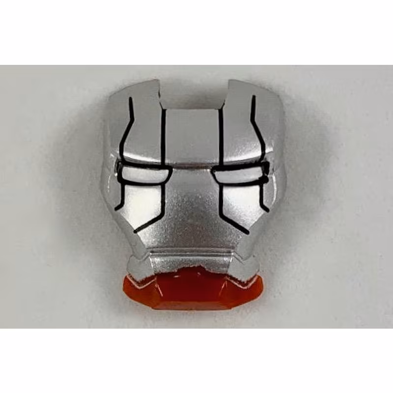 Minifigure, Visor Top Hinge with Silver Face Shield, White Eyes, Black Lines on Forehead and Cheeks Pattern (Iron Man Mark 5)