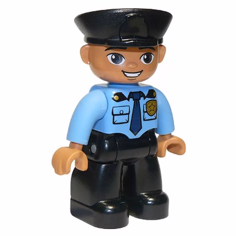 Duplo Figure Lego Ville, Male Police, Black Legs, Medium Blue Top with Badge, Black Hat, Oval Eyes