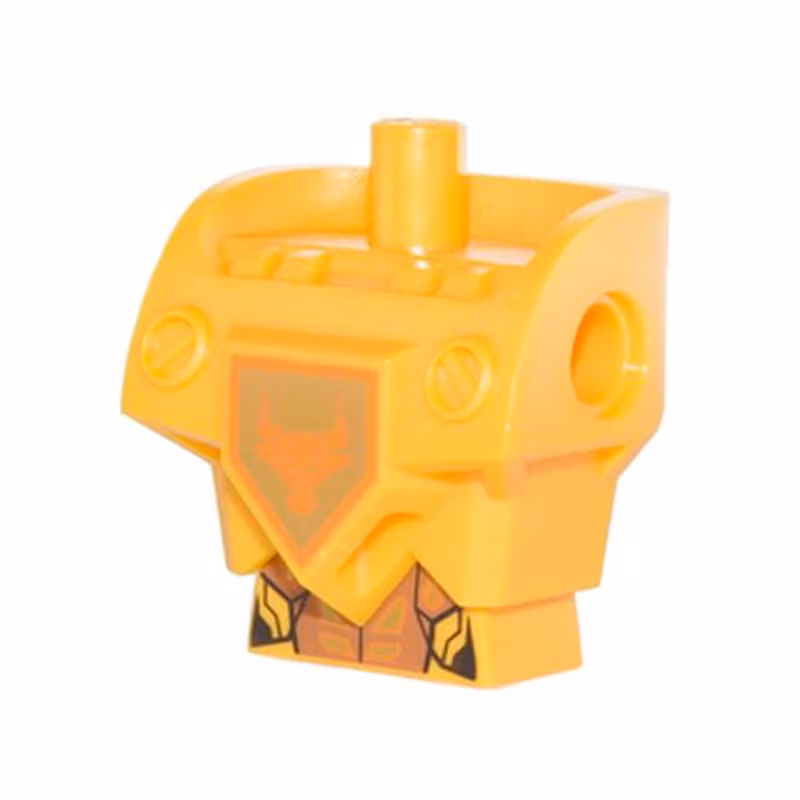 Torso, Modified Oversized with Armor with Pin Holes with Orange and Gold Circuitry and Orange Bull Head on Gold Pentagonal Shield Pattern Torso, Modified Oversized with Armor with Pin Holes with Orange and Gold Circuitry and Orange Bull Head on Gold Pentagonal Shield Pattern