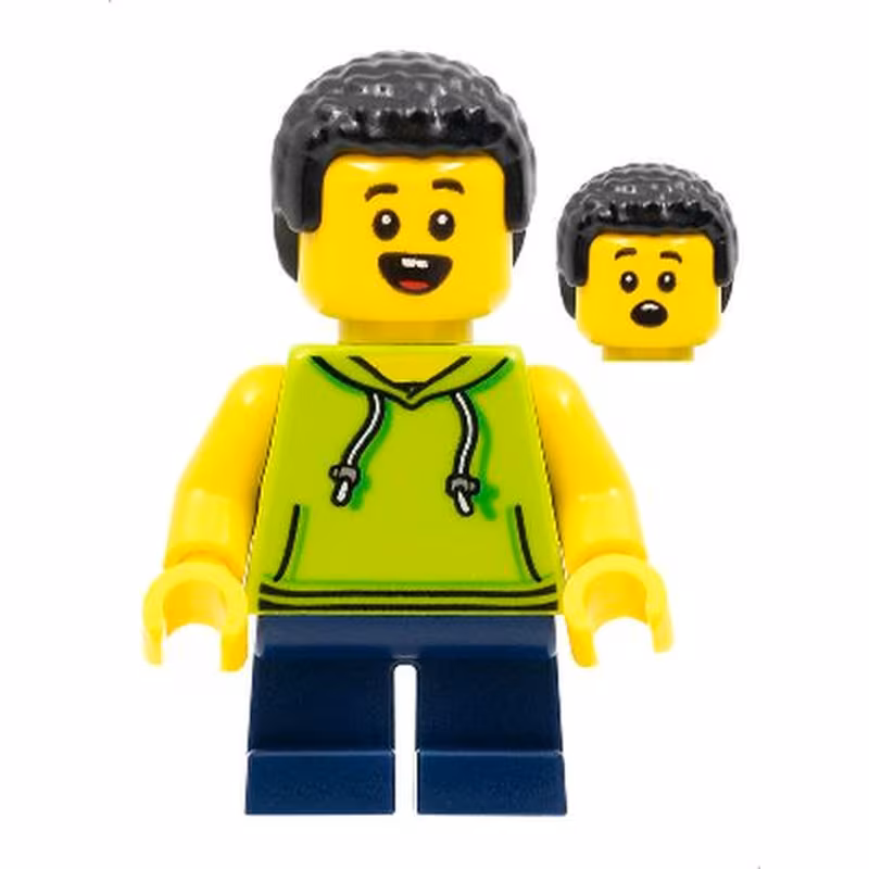 Child - Boy, Lime Hoodie, Dark Blue Short Legs, Black Coiled Hair