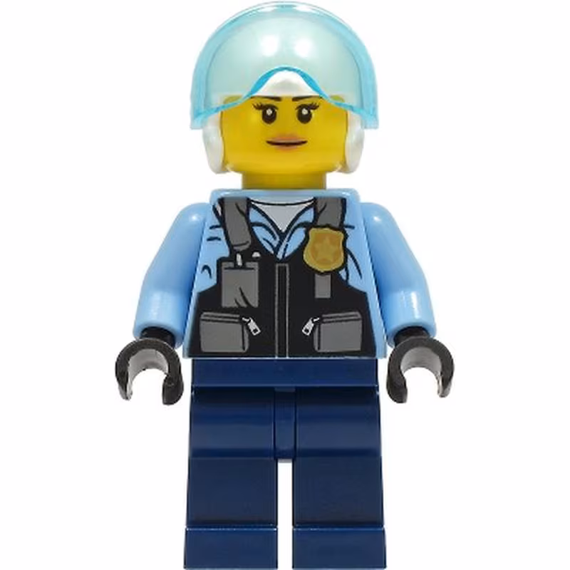 Police - City Helicopter Pilot Female, Safety Vest with Police Badge, Dark Blue Legs, White Helmet