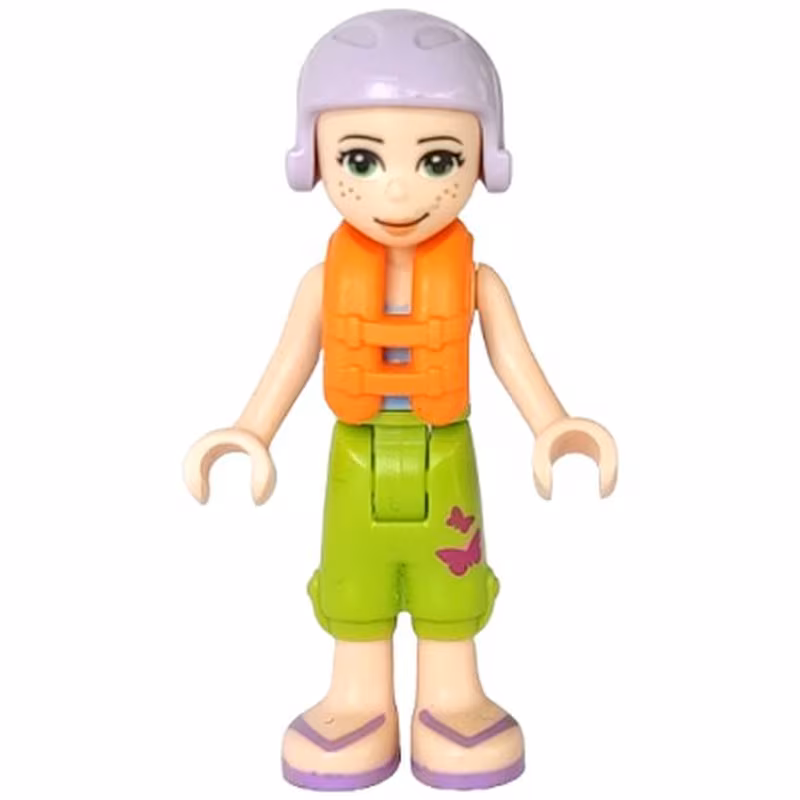 Friends Mia - Lime Cropped Trousers,  Medium Blue Top with 3 Butterflies, Lavender Ski Helmet with Dark Red Hair, Life Jacket
