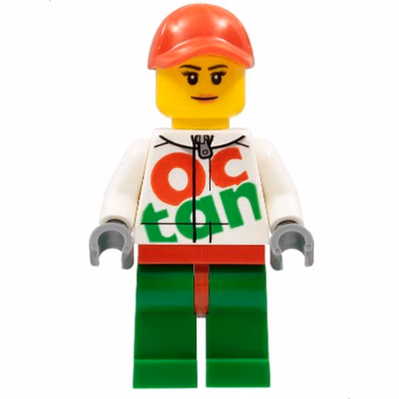 Race Car Female Mechanic, White Octan Racing Suit with Silver Zipper, Red Cap with Hole, Peach Lips