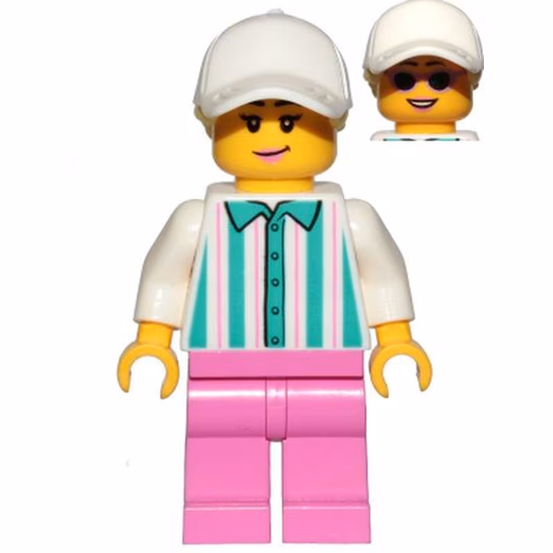 Ice Cream Vendor - Female, White Shirt with Dark Turquoise Stripes, Dark Pink Legs, White Cap with Bright Light Yellow Ponytail Hair, Sunglasses Ice Cream Vendor - Female, White Shirt with Dark Turquoise Stripes, Dark Pink Legs, White Cap with Bright Light Yellow Ponytail Hair, Sunglasses