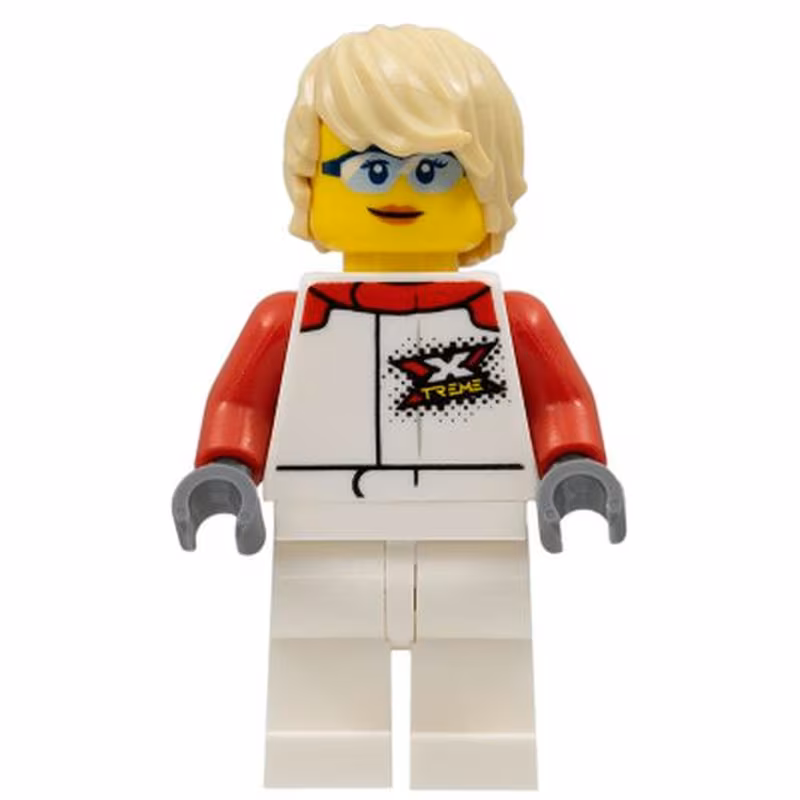 Female, White and Red Jumpsuit with 'XTREME' Logo, Tan Tousled Hair, Sunglasses and Closed Mouth Grin Female, White and Red Jumpsuit with 'XTREME' Logo, Tan Tousled Hair, Sunglasses and Closed Mouth Grin