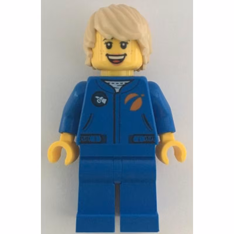 Astronaut - Female, Blue Jumpsuit, Tan Hair Tousled with Side Part, Freckles, Open Mouth Smile Astronaut - Female, Blue Jumpsuit, Tan Hair Tousled with Side Part, Freckles, Open Mouth Smile